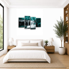 LR Waterfall Forest Wall Art Picture – Grey, Teal & Black Framed 4 Panel Split Canvas Print | Ready to Hang | Modern Wall Art for Living Room, Bedroom & Office