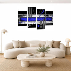 LR Abstract Wall Art Picture – Blue, Black & White Modern Framed 4 Panel Split Canvas Print | Ready to Hang | Modern Wall Art for Living Room, Bedroom & Office