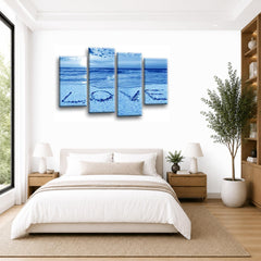 LR Love Beach Wall Art Picture – Grey & Blue Sunset Seascape Framed 4 Panel Split Canvas Print | Ready to Hang | Modern Wall Art for Living Room, Bedroom & Office
