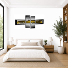 LR Yellow Grey Abstract Wall Art Picture – Black Modern Framed 4 Panel Split Canvas Print | Ready to Hang | Modern Wall Art for Living Room, Bedroom & Office