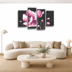 LR Floral Rose Grey Pink Flower Wall Art Picture Framed 4 Panel Split Canvas Print | Ready to Hang | Modern Wall Art for Living Room, Bedroom & Office