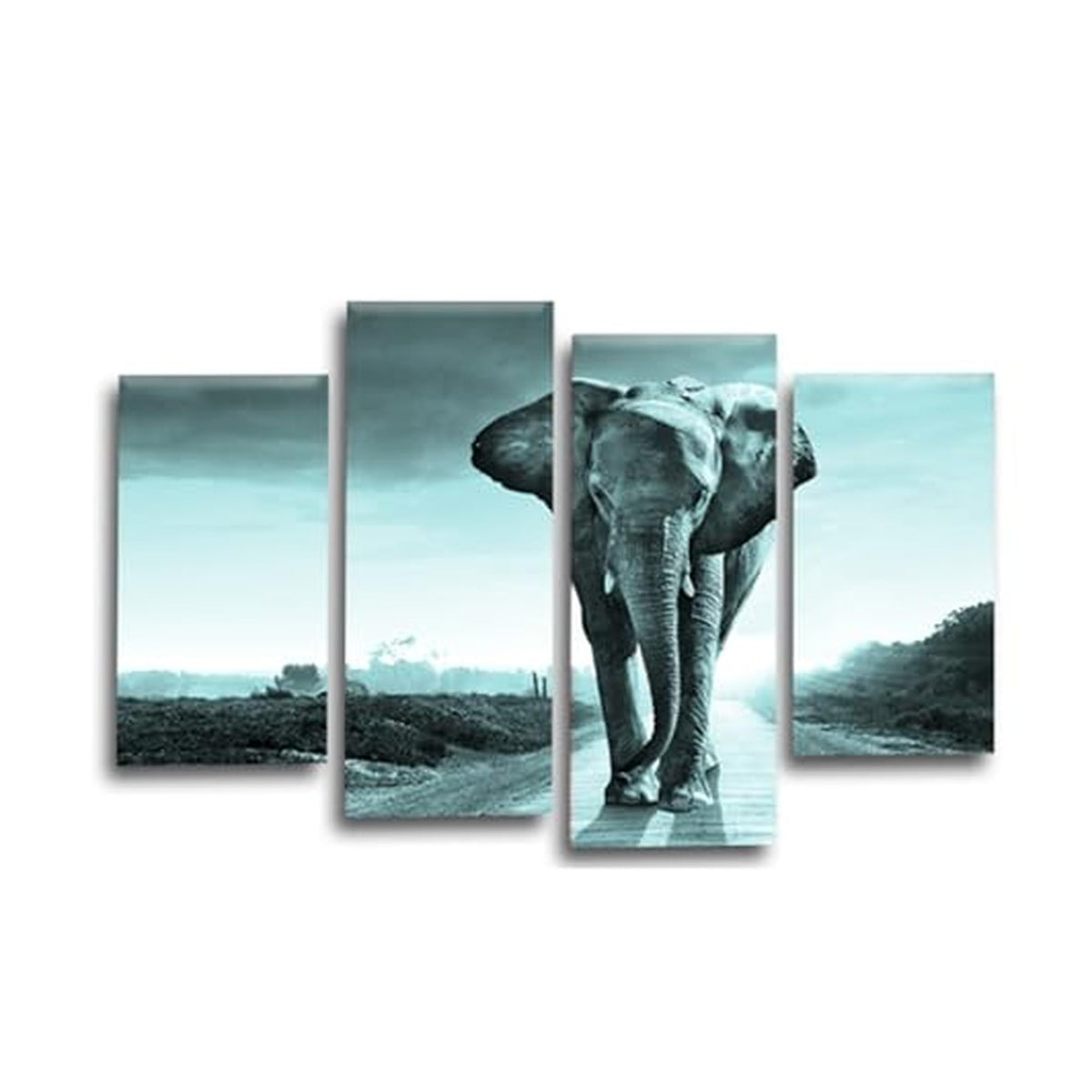 LR Elephant Sunset Wall Art Picture – Grey & Duck Egg African Framed 4 Panel Split Canvas Print | Ready to Hang | Modern Wall Art for Living Room, Bedroom & Office