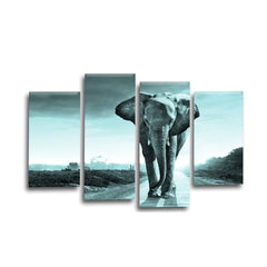 LR Elephant Sunset Wall Art Picture – Grey & Duck Egg African Framed 4 Panel Split Canvas Print | Ready to Hang | Modern Wall Art for Living Room, Bedroom & Office