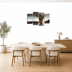 LR Elephant Sunset Wall Art Picture – Grey & Brown African Framed 4 Panel Split Canvas Print | Ready to Hang | Modern Wall Art for Living Room, Bedroom & Office