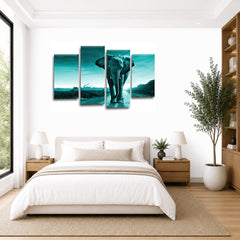 LR Sunset Elephant Wall Art Picture – Grey, Teal & Black African Framed 4 Panel Split Canvas Print | Ready to Hang | Modern Wall Art for Living Room, Bedroom & Office
