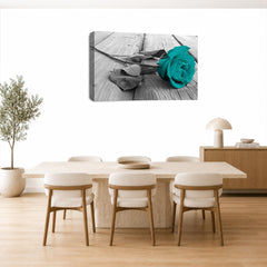 LR Floral Teal Rose Wall Art Picture – Grey & White Framed Canvas Print | Ready to Hang | Modern Wall Art for Living Room, Bedroom & Office