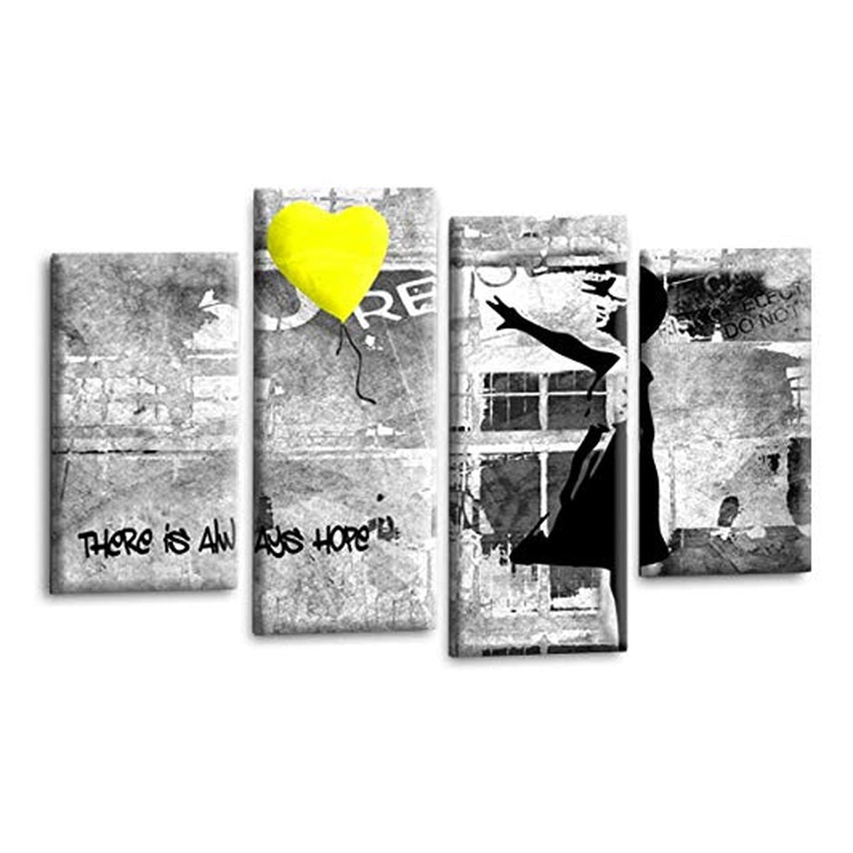 LR Banksy Wall Art Picture – Grey & Yellow Graffiti Art Framed 4 Panel Split Canvas Print | Ready to Hang | Modern Wall Art for Living Room, Bedroom & Office