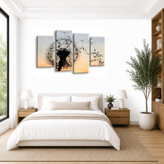 LR Abstract Floral Wall Art Picture – Grey & Orange Framed 4 Panel Split Canvas Print | Ready to Hang | Modern Wall Art for Living Room, Bedroom & Office