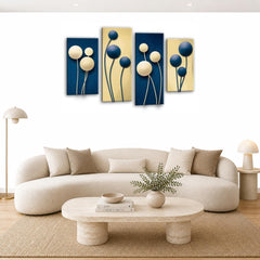 LR Floral Wall Art Picture – Blue & Cream Framed 4 Panel Split Canvas Print | Ready to Hang | Modern Wall Art for Living Room, Bedroom & Office