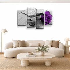 LR Purple Rose Floral Wall Art Picture Framed 4 Panel Split Canvas Print | Ready to Hang | Modern Wall Art for Living Room, Bedroom & Office