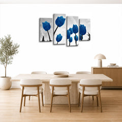 LR Floral Rose Tulip Wall Art Picture – Grey & Blue Framed 4 Panel Split Canvas Print | Ready to Hang | Modern Wall Art for Living Room, Bedroom & Office