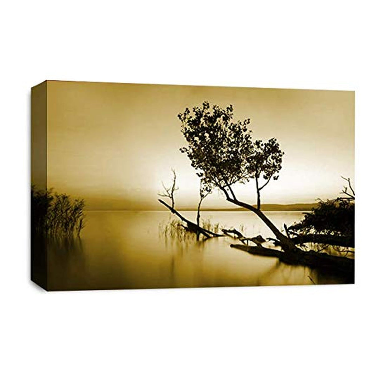 LR Seascape Landscape Sunset Wall Art Picture – Grey & Brown Framed Canvas Print | Ready to Hang | Modern Wall Art for Living Room, Bedroom & Office
