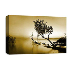 LR Seascape Landscape Sunset Wall Art Picture – Grey & Brown Framed Canvas Print | Ready to Hang | Modern Wall Art for Living Room, Bedroom & Office