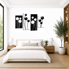 LR Floral Rose Wall Art Picture – Black & White Framed 4 Panel Split Canvas Print | Ready to Hang | Modern Wall Art for Living Room, Bedroom & Office