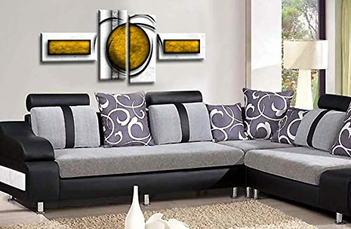 LR Abstract Wall Art Print Yellow Black White Stripes Checks Framed Split Canvas Panel Picture Ready to Hang