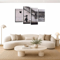 LR Banksy Wall Art Picture – Grey & Black Graffiti Art Framed 4 Panel Split Canvas Print | Ready to Hang | Modern Wall Art for Living Room, Bedroom & Office