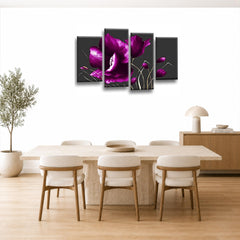 LR Floral Rose Purple Flower Wall Art Picture Framed 4 Panel Split Canvas Print | Ready to Hang | Modern Wall Art for Living Room, Bedroom & Office