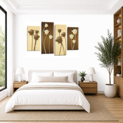 LR Floral Rose Wall Art Picture – Cream & Brown Framed 4 Panel Split Canvas Print | Ready to Hang | Modern Wall Art for Living Room, Bedroom & Office