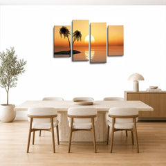 LR Sunset Beach Wall Art Picture – Teal Seascape Framed 4 Panel Split Canvas Print | Ready to Hang | Modern Wall Art for Living Room, Bedroom & Office