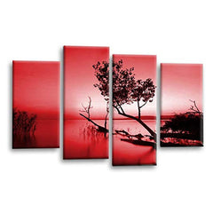 LR Sunset Landscape Wall Art Picture – Grey, Red & Brown Floral Framed 4 Panel Split Canvas Print | Ready to Hang | Modern Wall Art for Living Room, Bedroom & Office