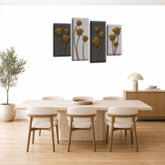 LR Gold Floral Rose Wall Art Picture – Grey Framed 4 Panel Split Canvas Print | Ready to Hang | Modern Wall Art for Living Room, Bedroom & Office