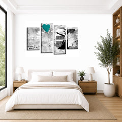 LR Banksy Heart Wall Art Picture – Grey & Teal Graffiti Art Framed 4 Panel Split Canvas Print | Ready to Hang | Modern Wall Art for Living Room, Bedroom & Office