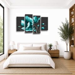 LR Floral Rose Teal Wall Art Picture Framed 4 Panel Split Canvas Print | Ready to Hang | Modern Wall Art for Living Room, Bedroom & Office