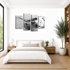 LR White Rose Floral Wall Art Picture Framed 4 Panel Split Canvas Print | Ready to Hang | Modern Wall Art for Living Room, Bedroom & Office