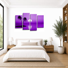 LR Sunset Beach Wall Art Picture – Purple Seascape Framed 4 Panel Split Canvas Print | Ready to Hang | Modern Wall Art for Living Room, Bedroom & Office