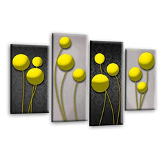 LR Yellow Floral Rose Wall Art Picture – Grey Framed 4 Panel Split Canvas Print | Ready to Hang | Modern Wall Art for Living Room, Bedroom & Office