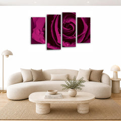 LR Floral Rose Wall Art Picture – Purple & Grey Framed 4 Panel Split Canvas Print | Ready to Hang | Modern Wall Art for Living Room, Bedroom & Office