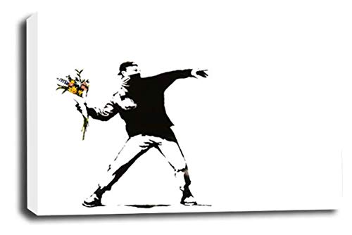 LR Banksy Flower Thrower Art Print Grey White Graffiti Framed Canvas Wall Picture Ready to Hang