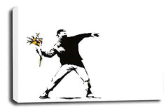 LR Banksy Flower Thrower Art Print Grey White Graffiti Framed Canvas Wall Picture Ready to Hang