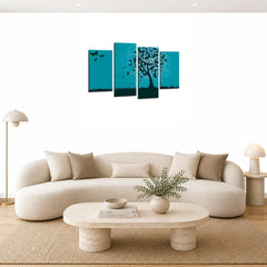 LR Floral Abstract Wall Art Picture – Grey & Teal Butterfly Framed 4 Panel Split Canvas Print | Ready to Hang | Modern Wall Art for Living Room, Bedroom & Office