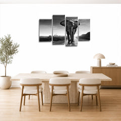 LR Elephants Animal Wall Art Picture – Grey & Black African Elephant Framed 4 Panel Split Canvas Print | Ready to Hang | Modern Wall Art for Living Room, Bedroom & Office