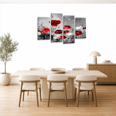 LR Floral Wall Art Picture – Grey & Red Poppy Framed 4 Panel Split Canvas Print | Ready to Hang | Modern Wall Art for Living Room, Bedroom & Office