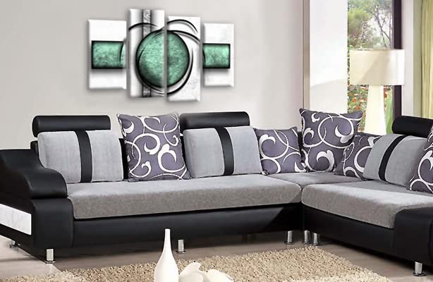 LR Abstract Wall Art Print Duck Egg White Stripes Circles Framed Split Canvas Picture Ready to Hang