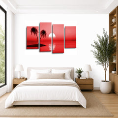 LR Sunset Beach Wall Art Picture – Red Seascape Framed 4 Panel Split Canvas Print | Ready to Hang | Modern Wall Art for Living Room, Bedroom & Office