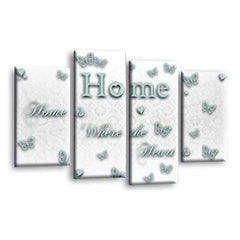 LR Home Love Quote Wall Art Picture – White & Duck Egg Framed 4 Panel Split Canvas Print | Ready to Hang | Modern Wall Art for Living Room, Bedroom & Office