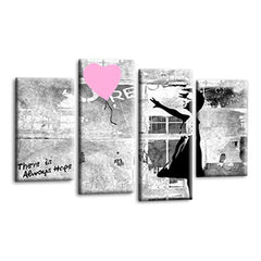 LR Banksy Heart Wall Art Picture – Grey & Pink Graffiti Art Framed 4 Panel Split Canvas Print | Ready to Hang | Modern Wall Art for Living Room, Bedroom & Office