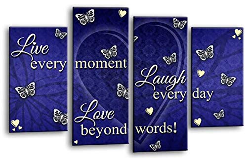 LR Live Laugh Wall Art Picture – Grey, Blue & White Love Quote Framed 4 Panel Split Canvas Print | Ready to Hang | Modern Wall Art for Living Room, Bedroom & Office