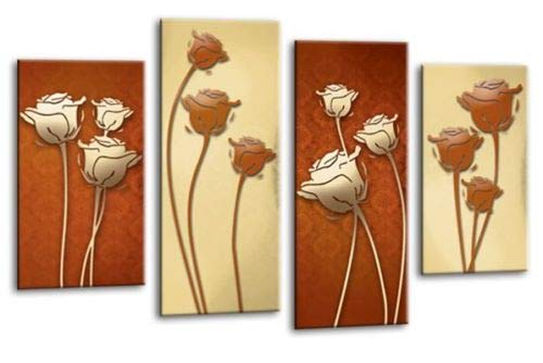 LR Floral Rose Wall Art Picture – Cream & Brown Framed 4 Panel Split Canvas Print | Ready to Hang | Modern Wall Art for Living Room, Bedroom & Office