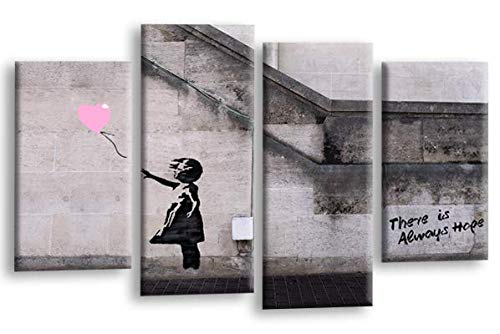 LR Banksy Heart Wall Art Picture – Grey & Pink Graffiti Art Framed 4 Panel Split Canvas Print | Ready to Hang | Modern Wall Art for Living Room, Bedroom & Office