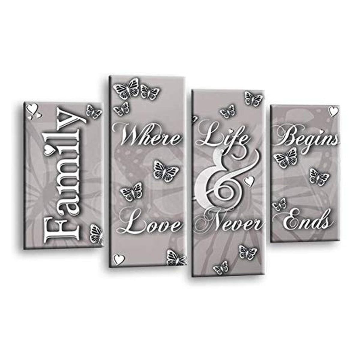 LR Family Love Quote Wall Art Picture – Grey & Powder Grey Framed 4 Panel Split Canvas Print | Ready to Hang | Modern Wall Art for Living Room, Bedroom & Office