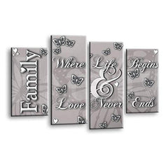 LR Family Love Quote Wall Art Picture – Grey & Powder Grey Framed 4 Panel Split Canvas Print | Ready to Hang | Modern Wall Art for Living Room, Bedroom & Office