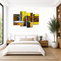 LR Abstract Wall Art Picture – Grey, Yellow & White Modern Framed 4 Panel Split Canvas Print | Ready to Hang | Modern Wall Art for Living Room, Bedroom & Office