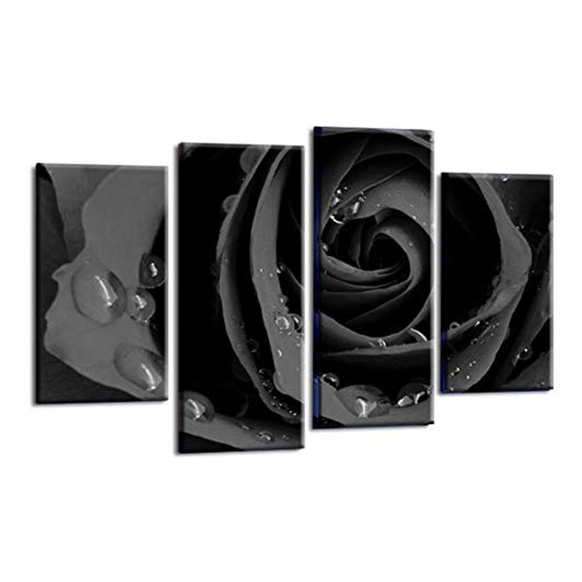 LR Floral Rose Wall Art Picture – Grey & Black Framed 4 Panel Split Canvas Print | Ready to Hang | Modern Wall Art for Living Room, Bedroom & Office