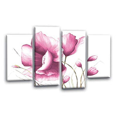 LR Floral Pink Rose Wall Art Picture – White Framed 4 Panel Split Canvas Print | Ready to Hang | Modern Wall Art for Living Room, Bedroom & Office