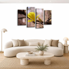 LR Floral Rose Wall Art Picture – Grey & Yellow Framed 4 Panel Split Canvas Print | Ready to Hang | Modern Wall Art for Living Room, Bedroom & Office
