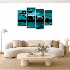 LR Elephant Sunset Wall Art Picture – Grey & Teal African Framed 4 Panel Split Canvas Print | Ready to Hang | Modern Wall Art for Living Room, Bedroom & Office